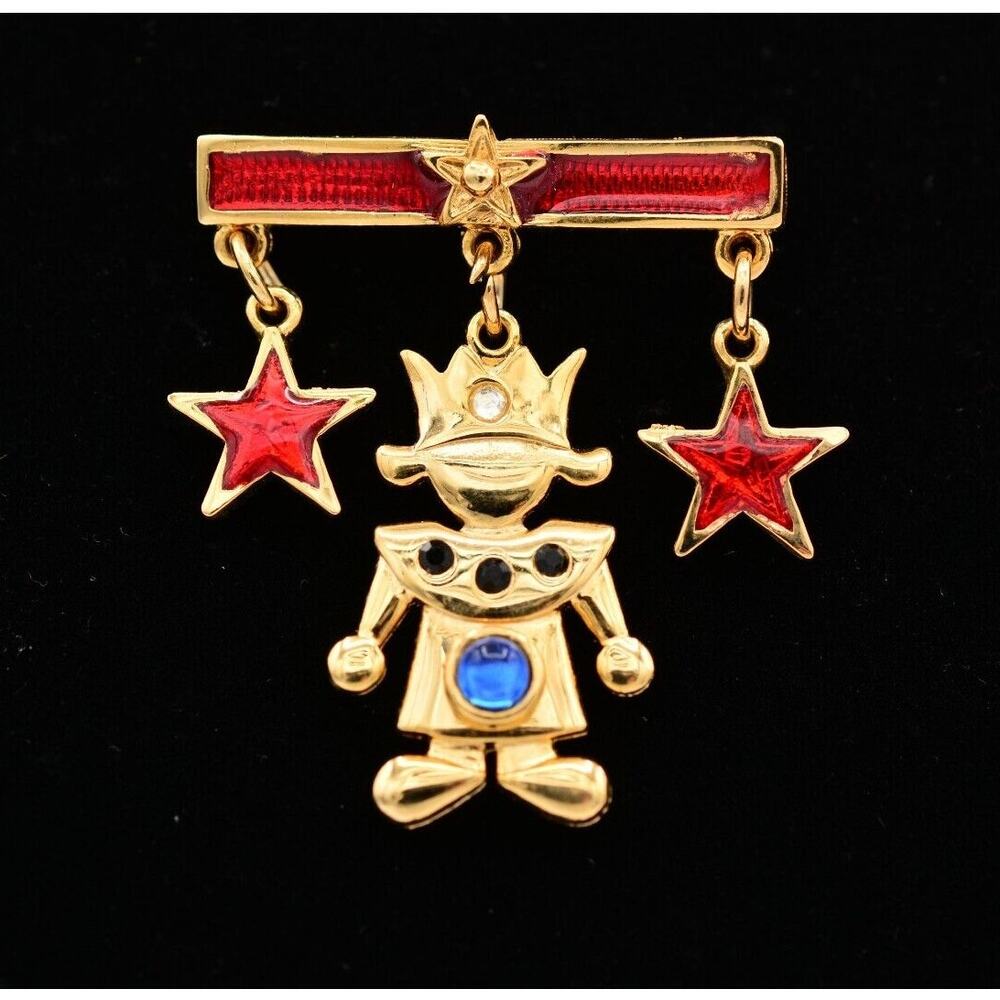Vintage Royal King Pin Brooch Blue Cabochon Red Enamel Star Gold Enamel NOS BinV